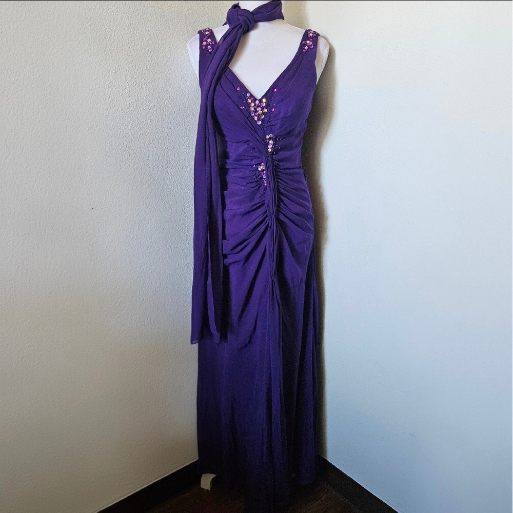 Let's Fashion Purple Embellished Ruched Formal Gown with Scarf - Picture 2 of 8